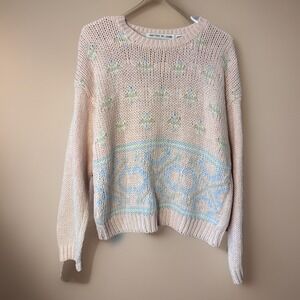 Vintage Perfect Designs Women's Large  Sweater Peach Blue Hand Knitted Flowers